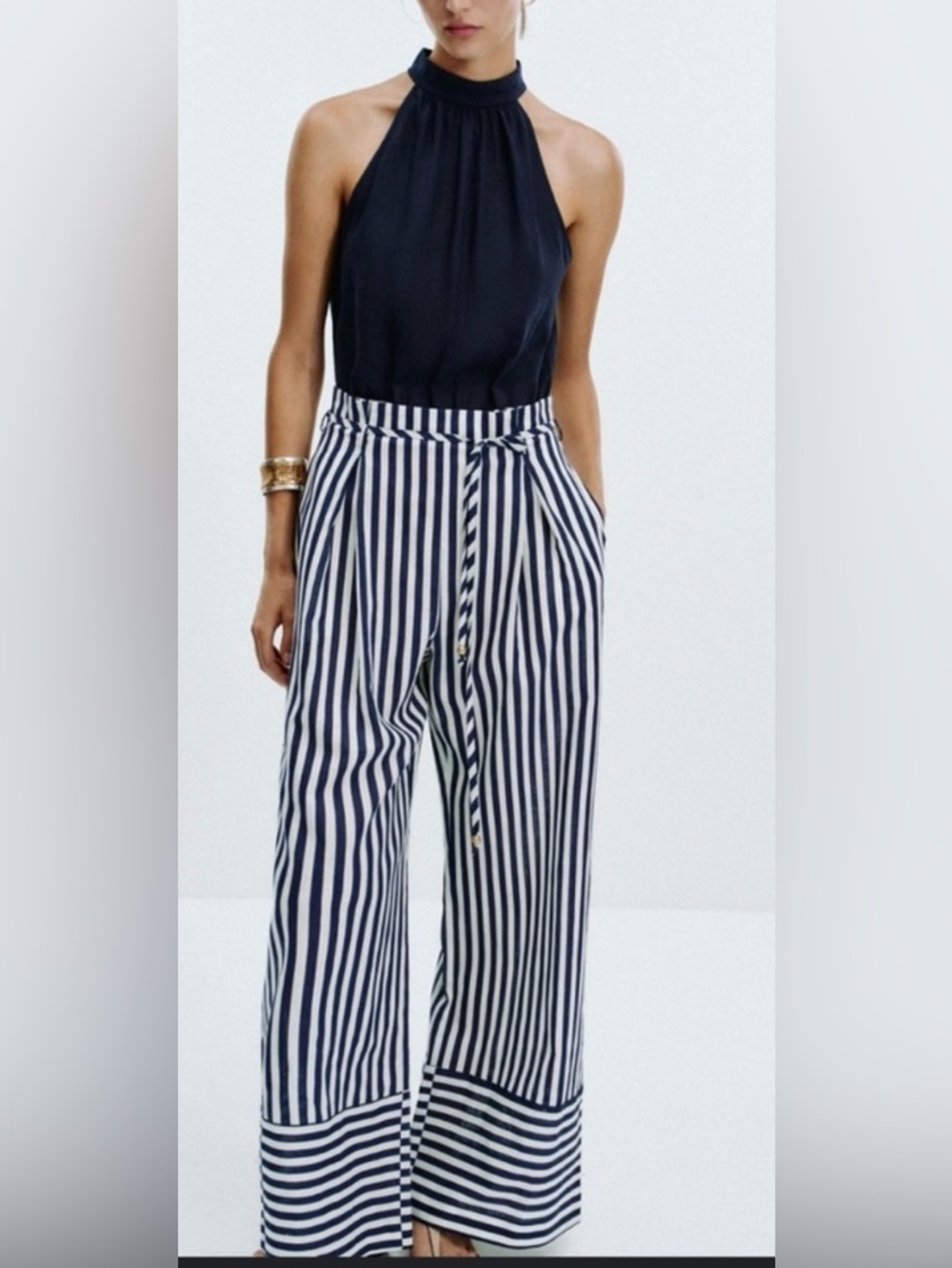 Zara Linen Blend NWT  navy blue and white striped halter neck jumpsuit Wide Leg